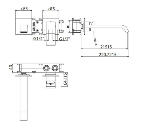 Смеситель для раковины Gattoni ELY встраиваемый излив 220 мм хром 8839/88C0