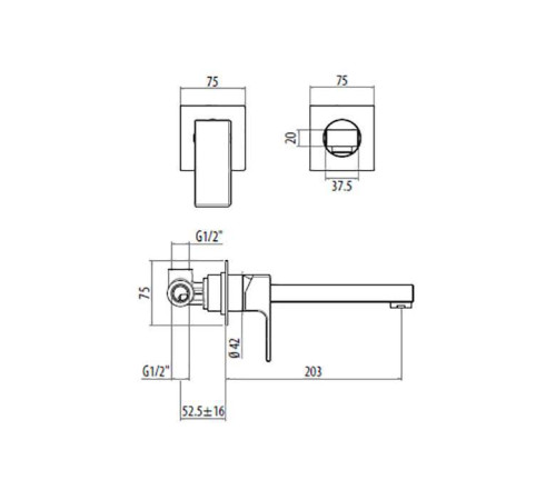 Смеситель для раковины встраиваемый Gattoni Kubik излив 203 мм черный матовый 2537/25NO