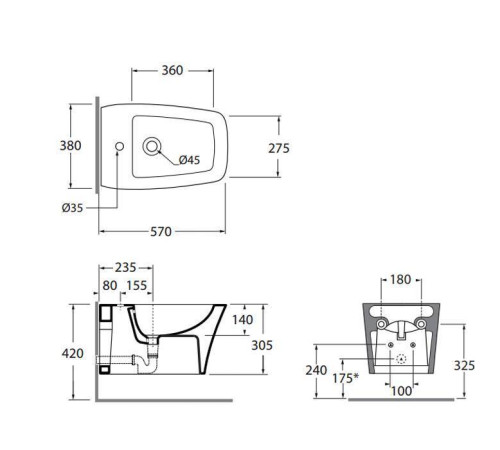 Биде подвесное Azzurra Hera 57х38х36.5 см 1 отверстие HEBKS000000MBI