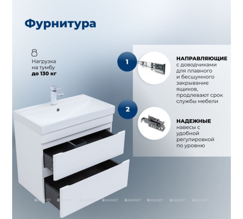 Тумба с раковиной Aquanet Слим 80 подвесная 2 ящика белый сатин 00348181