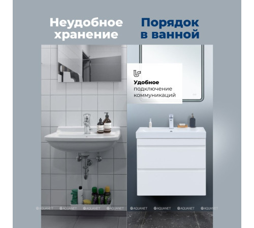 Тумба с раковиной Aquanet Слим 80 подвесная 2 ящика белый сатин 00348181