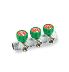 Коллектор распределительный Stout 3/4 НВ 3 выхода 3/4 EK с выходами под 90 градусов 45 мм с вентилями хромированный 505725