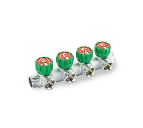 Коллектор распределительный Stout 3/4 НВ 4 выхода 3/4 EK с выходами под 90 градусов 45 мм с вентилями хромированный 505726