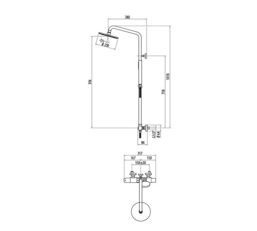 Душевой комплект Gattoni KIT/TS60NO термостатический со стойкой и лейкой 250 мм черный матовый KIT/TS60NO