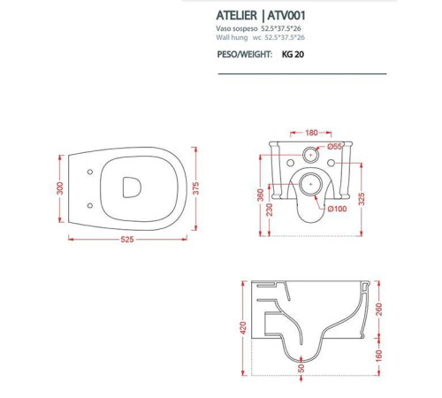Унитаз подвесной Artceram Atelier безободковый 52х37 см белый ATV001 01 00