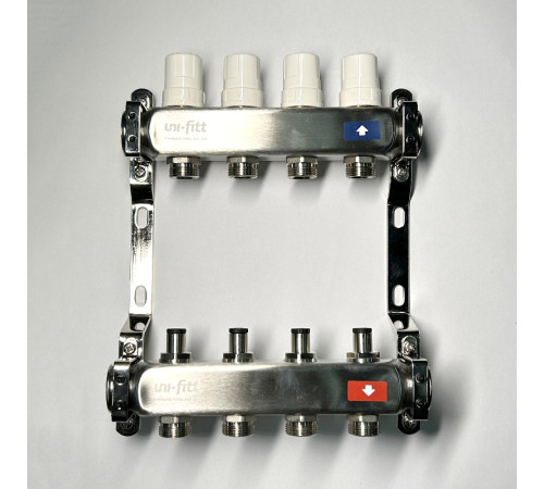 Коллекторная группа 1 x 4 выхода 3/4 STOUT с балансировочными клапанами из нержавеющей стали без концевых групп 451W4304