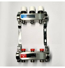 Коллекторная группа 1 x 3 выхода 3/4 STOUT с балансировочными клапанами из нержавеющей стали без концевых групп 451W4303