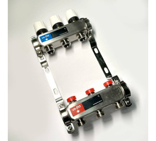 Коллекторная группа 1 x 3 выхода 3/4 STOUT с балансировочными клапанами из нержавеющей стали без концевых групп 451W4303