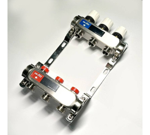 Коллекторная группа 1 x 3 выхода 3/4 STOUT с балансировочными клапанами из нержавеющей стали без концевых групп 451W4303