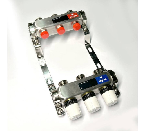 Коллекторная группа 1 x 3 выхода 3/4 STOUT с балансировочными клапанами из нержавеющей стали без концевых групп 451W4303