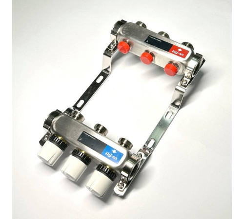 Коллекторная группа 1 x 3 выхода 3/4 STOUT с балансировочными клапанами из нержавеющей стали без концевых групп 451W4303