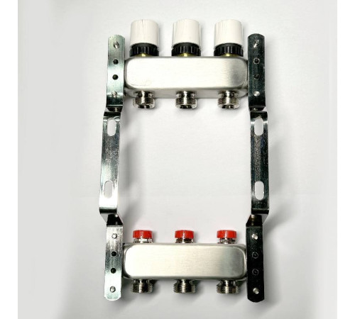 Коллекторная группа 1 x 3 выхода 3/4 STOUT с балансировочными клапанами из нержавеющей стали без концевых групп 451W4303