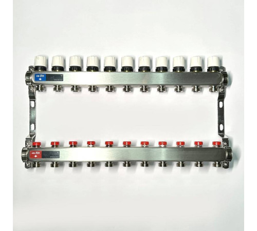 Коллекторная группа STOUT 1 x 11 выходов 3/4 с балансировочными и термостатическими вентилями без концевых групп нержавеющая сталь 451W4311