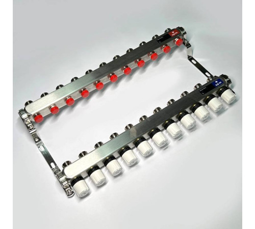 Коллекторная группа STOUT 1 x 11 выходов 3/4 с балансировочными и термостатическими вентилями без концевых групп нержавеющая сталь 451W4311