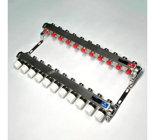 Коллекторная группа STOUT 1 x 11 выходов 3/4 с балансировочными и термостатическими вентилями без концевых групп нержавеющая сталь 451W4311