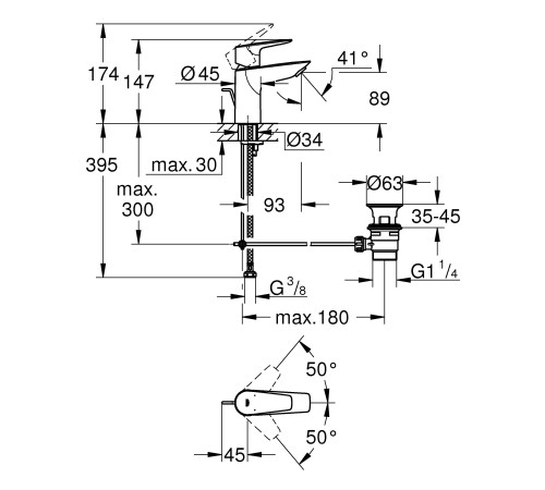 Смеситель для раковины GROHE BauEdge S-Size с донным клапаном хром 23328001