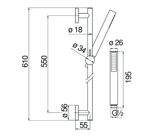 Душевой гарнитур Rossinka AD140/37FLP 60 см 1 режим глянцевый черный AD140/37FLP