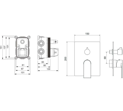 Смеситель для ванны Aquanet ЛИРА скрытого монтажа 3 режима (внешняя и скрытая часть) хром AQ1447CR