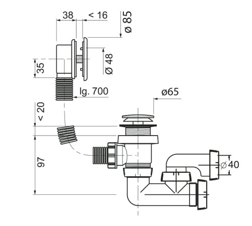 Слив-перелив полуавтомат для ванны Styron 700 мм с сифоном и гофрой хром ST-0000010