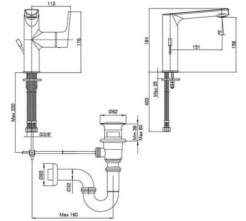 Смеситель для раковины E.C.A. Luna 158 102108973EX