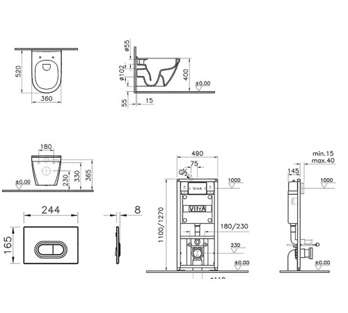 Комплект инсталляции с подвесным унитазом VitrA S50 Rim-Ex сиденье микролифт и панель смыва хром 9003B003-7201