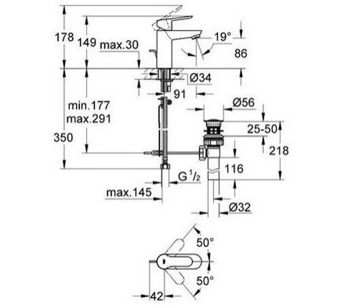 Смеситель для раковины GROHE BauEdge со сливным гарнитуром хром 23328000