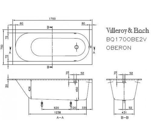 Ванна квариловая Villeroy & Boch Oberon Solo 170x75 см с ножками белая UBQ170OBE2V-01