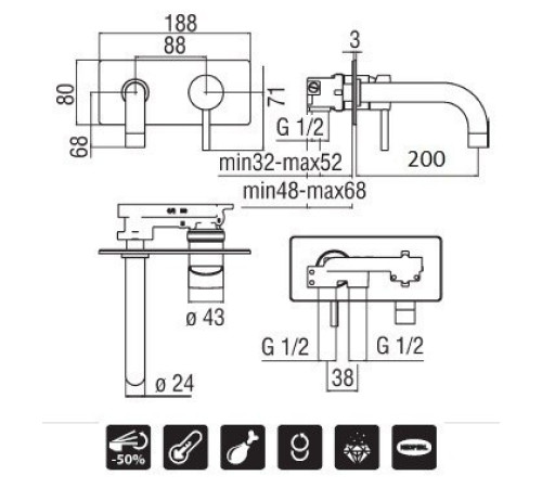 Смеситель для раковины Nobili LIVE настенный хром LV00198/1CR