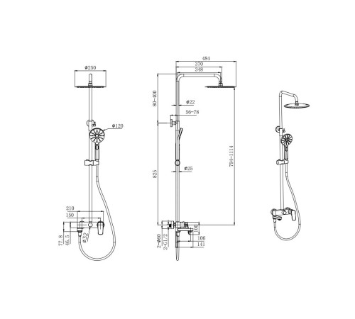 Душевая система со смесителем для ванны Aquanet Вега 3jet 250 мм матовый черный AQ2040MB