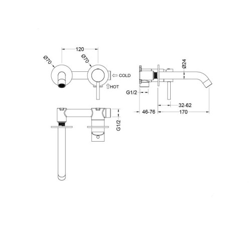 Смеситель для раковины Aquanet Европа AQ1313BGM настенный скрытого монтажа оружейная сталь AQ1313BGM