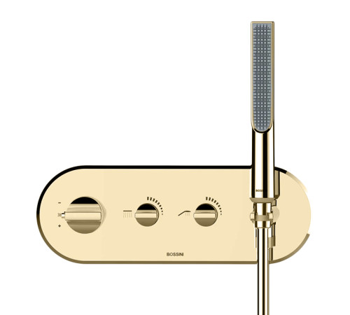 Наружная часть термостатического смесителя для душа Bossini Apice на 2 потребителя с ручным душем-палочкой брашированное золото Z00522.043