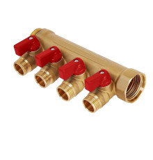 Коллектор латунный никелированный Hoobs 3/4х4х1/2 EK с шаровыми кранами 4 выхода красные ручки HB-6200R6H0504R4A