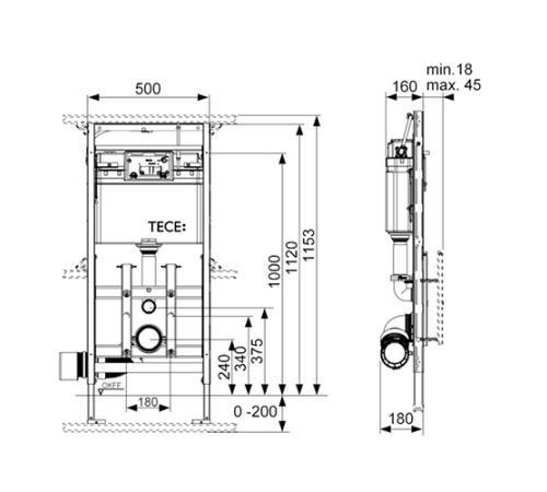 Застенный модуль для унитаза TECE TECElux 200 h=1120 мм 9600200