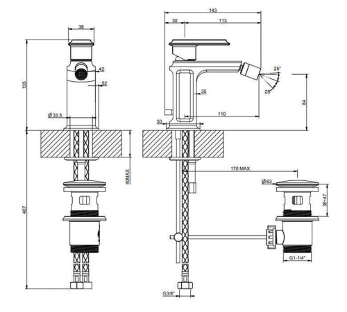 Смеситель для биде Gessi Eleganza на 1 отверстие с донным клапаном Antique Brass 46007#713