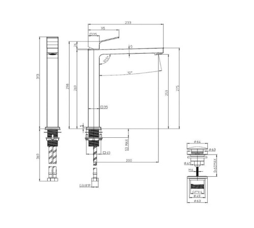 Смеситель для раковины Bossini AKI Z00709.094 высокий с донным клапаном шлифованный никель