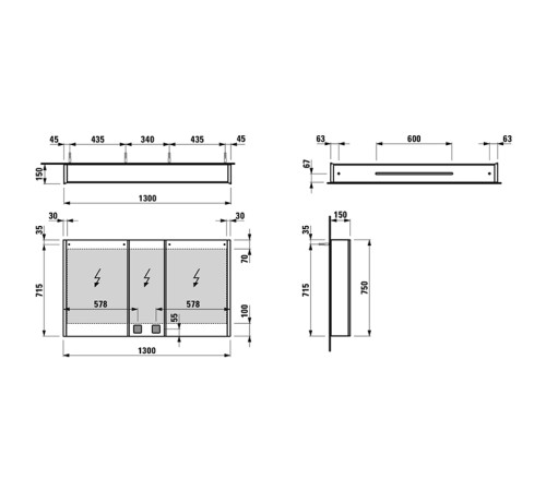 Зеркальный шкаф Laufen Frame 130x75 см LED-подсветка 3 двери 2 розетки 4.0875.4.900.144.1