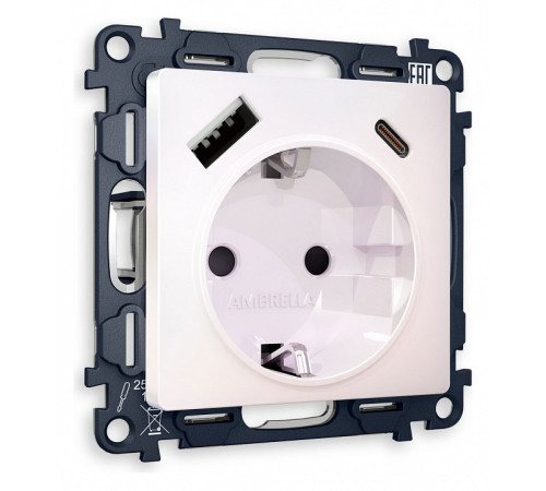 Розетка с заземлением и 2хUSB type A и C, без рамки Ambrella Volt Quant MA210010