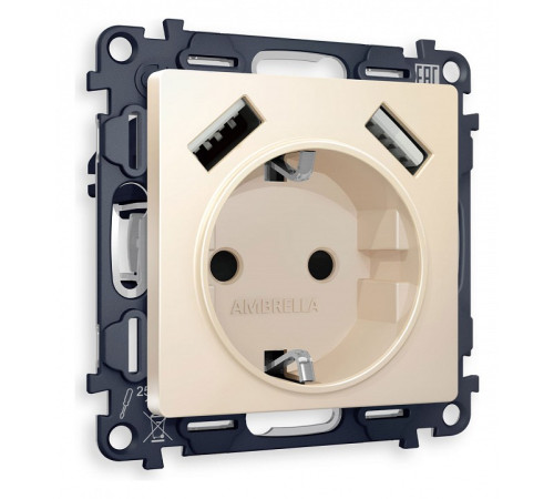 Розетка с заземлением и со шторкой и 2хUSB type A, без рамки Ambrella Volt Quant MA329010