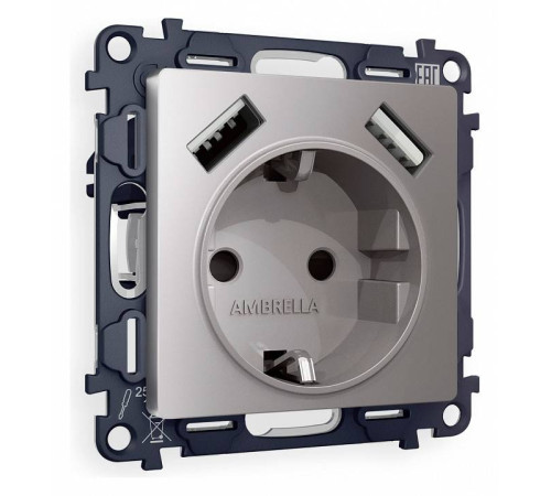 Розетка с заземлением и со шторкой и 2хUSB type A, без рамки Ambrella Volt Quant MA509010