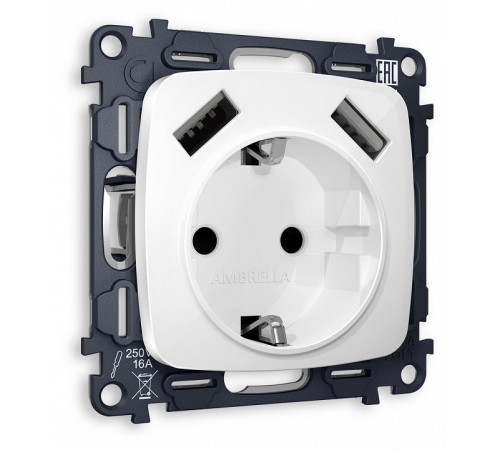 Розетка с заземлением и 2хUSB type A, без рамки Ambrella Volt MO MO109010