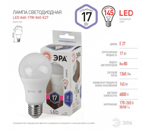 Лампа светодиодная Эра Стандарт LED A60-17W-860-E27