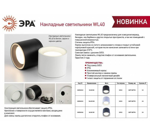 Светильник накладной ЭРА WL40 белый Б0054415