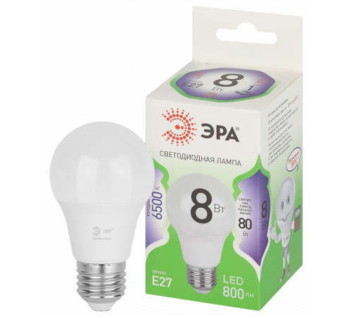 Лампа светодиодная ЭРА Green Line Груша A60 8 Вт E27 6500 К LED A60-8W-865-E27 GL