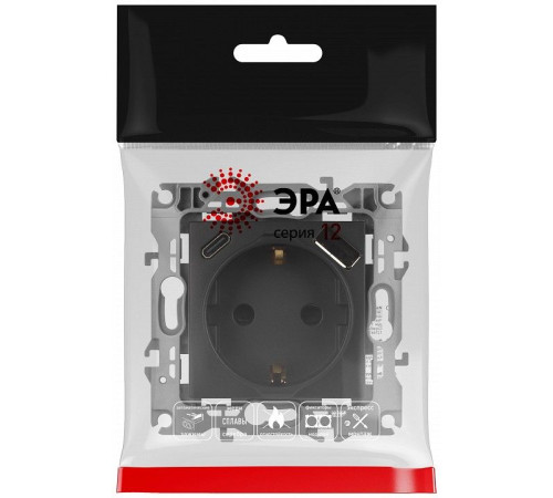 Розетка с заземлением и со шторкой и 2хUSB, без рамки Эра Эра 12 12-4108-05