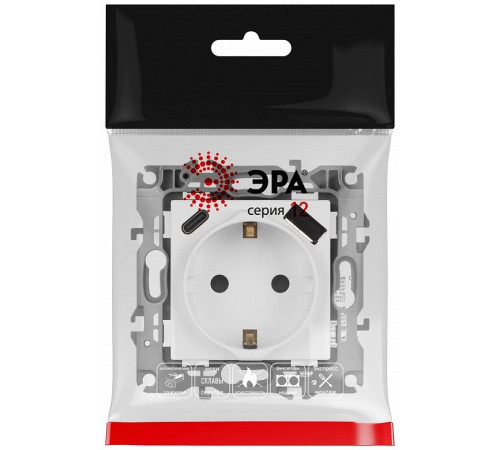 Розетка с заземлением и со шторкой и 2хUSB, без рамки Эра Эра 12 12-4108-01М