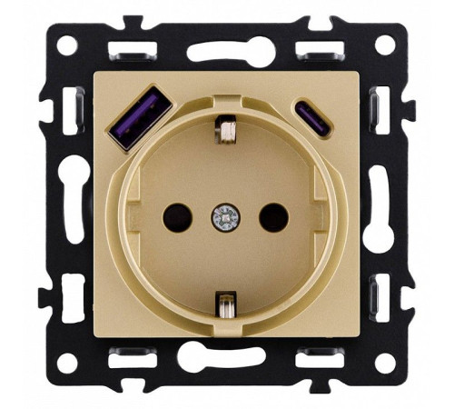 Розетка с заземлением и со шторкой и 2хUSB type A и C, без рамки Kollinger Asthetik AS-016GD