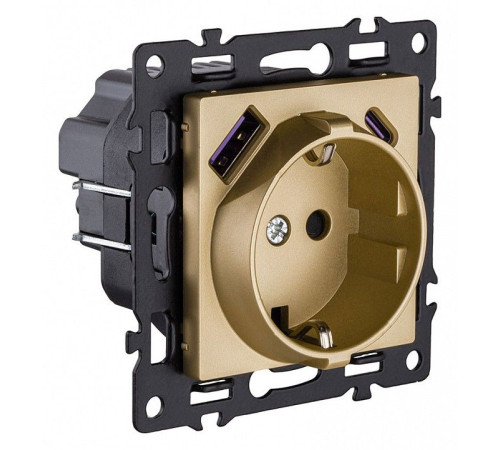 Розетка с заземлением и со шторкой и 2хUSB type A и C, без рамки Kollinger Asthetik AS-016GD