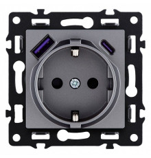 Розетка с заземлением и со шторкой и 2хUSB type A и C, без рамки Kollinger Asthetik AS-016GY