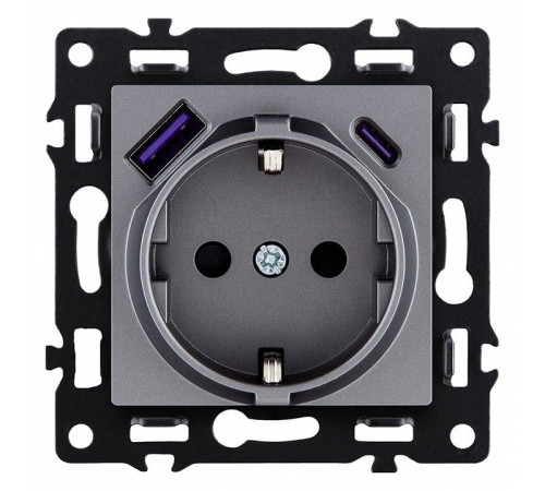 Розетка с заземлением и со шторкой и 2хUSB type A и C, без рамки Kollinger Asthetik AS-016GY