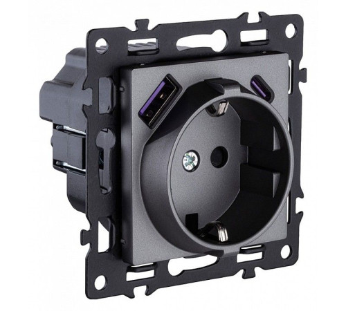Розетка с заземлением и со шторкой и 2хUSB type A и C, без рамки Kollinger Asthetik AS-016GY